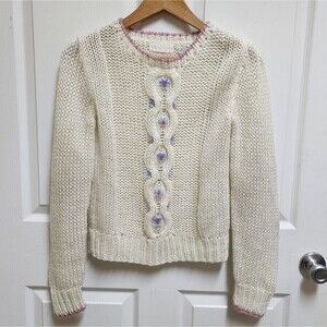 Foxmoor Sweater Womens S Cream Pastel Floral Handknit Open Weave Vintage Grandma